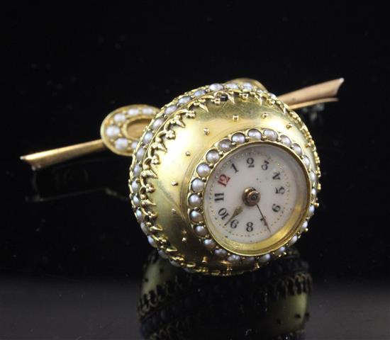 An early 20th century gold and split pearl set globe fob watch, brooch approx. 1.5in.